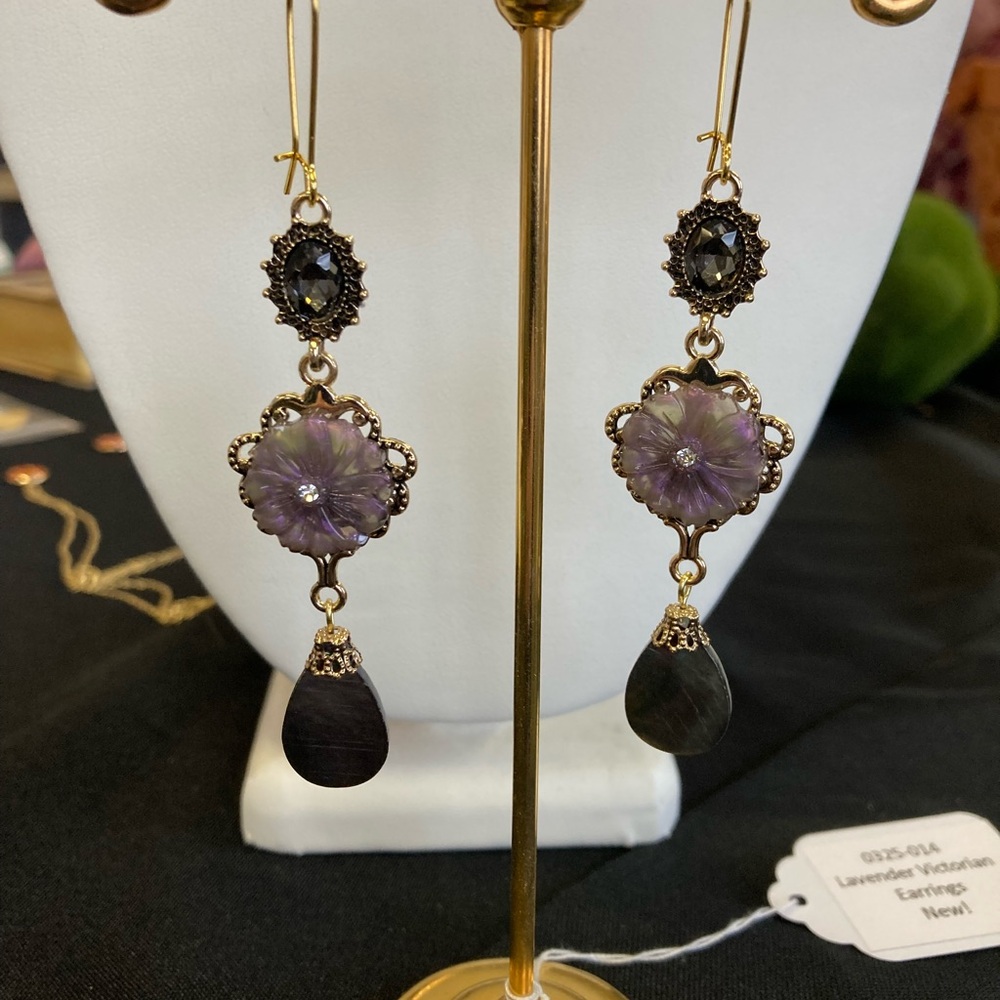 *SOLD* New! Gold and Purple Dangle Earrings with Teardrop Charm Made by Mechan